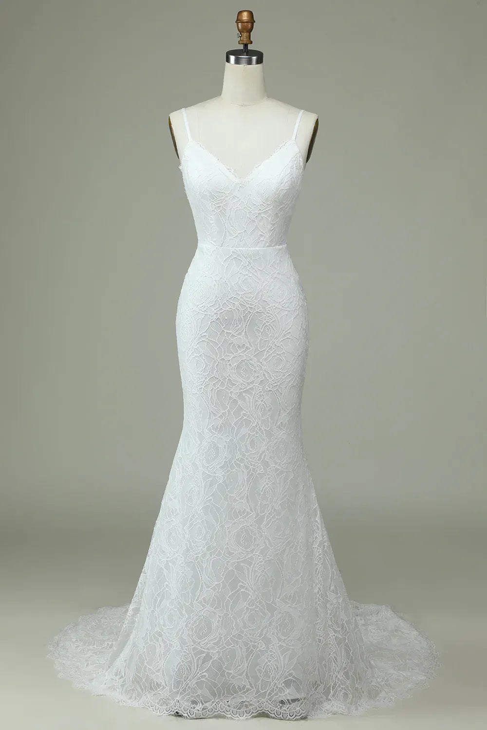 Mermaid V-Neck Lace Train Wedding Dress - Yihuiw by Yihuiw