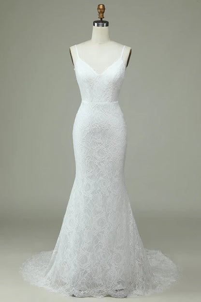 Mermaid V-Neck Lace Train Wedding Dress - Yihuiw by Yihuiw