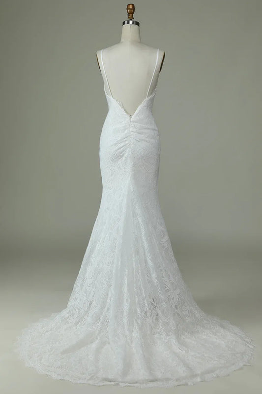 Mermaid V-Neck Lace Train Wedding Dress - Yihuiw by Yihuiw