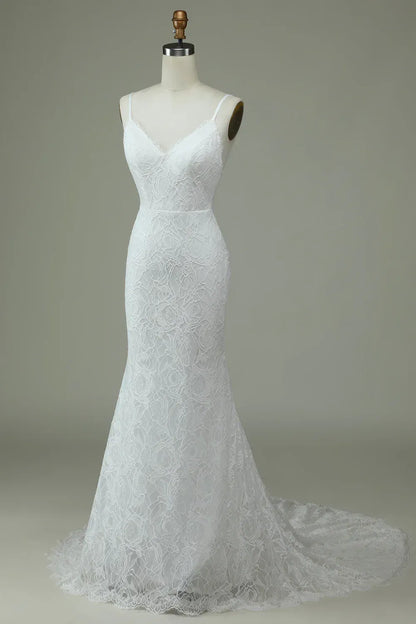 Mermaid V-Neck Lace Train Wedding Dress - Yihuiw by Yihuiw