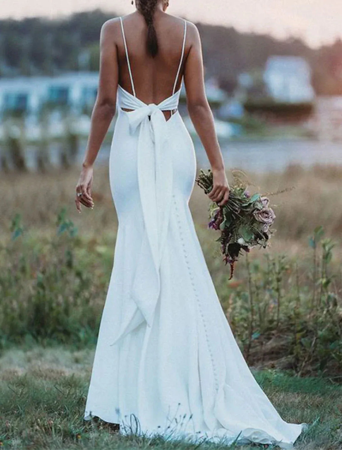 Mermaid V-Neck Satin Open Back Train Wedding Dress - Yihuiw by Yihuiw