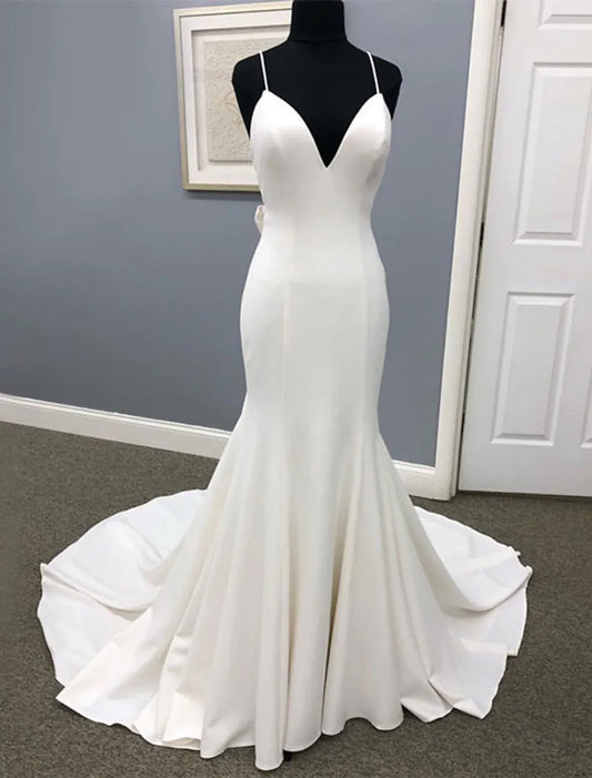 Mermaid V-Neck Satin Open Back Train Wedding Dress - Yihuiw by Yihuiw