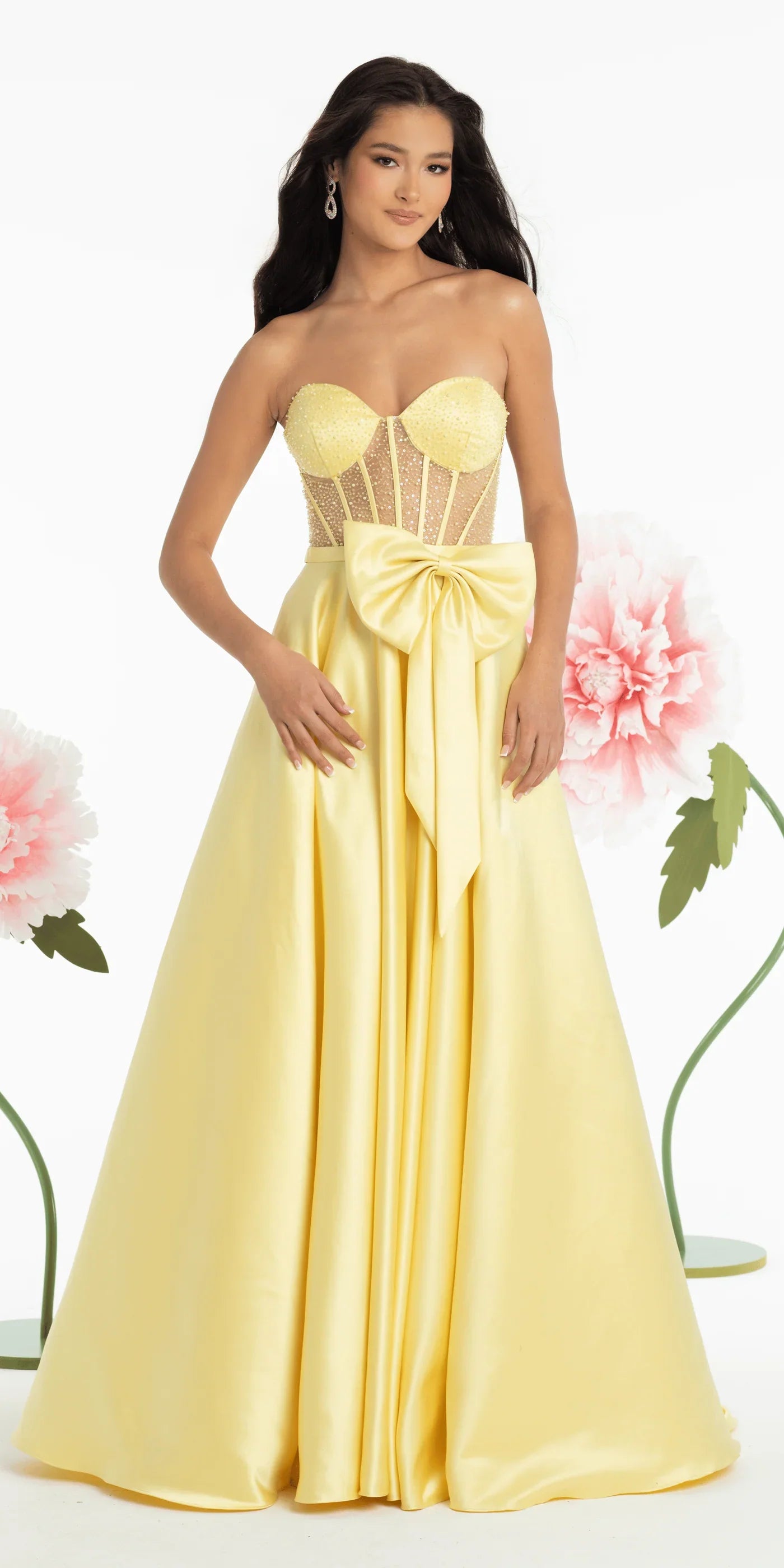 Glamorous Satin Ball Gown Sweetheart Neck Strapless Floor-Length Prom Dress with Beaded Corset and Bow Detail for Formal Events by LANQI DRESS