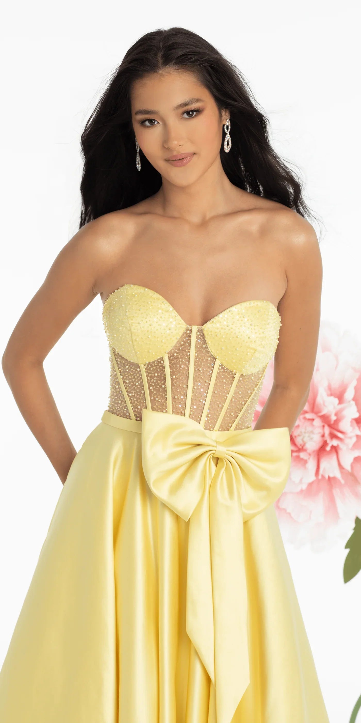 Glamorous Satin Ball Gown Sweetheart Neck Strapless Floor-Length Prom Dress with Beaded Corset and Bow Detail for Formal Events by LANQI DRESS