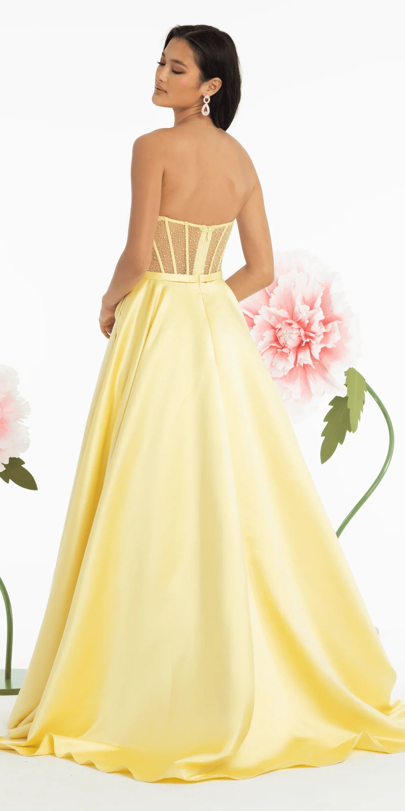 Glamorous Satin Ball Gown Sweetheart Neck Strapless Floor-Length Prom Dress with Beaded Corset and Bow Detail for Formal Events by LANQI DRESS