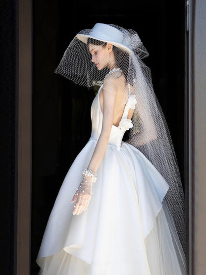Halter-Neck Satin Wedding Dress with Pearl Neckline, Asymmetric Overskirt & Cathedral Train