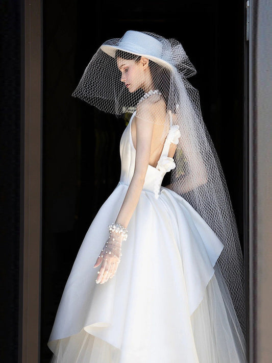 Halter-Neck Satin Wedding Dress with Pearl Neckline, Asymmetric Overskirt & Cathedral Train