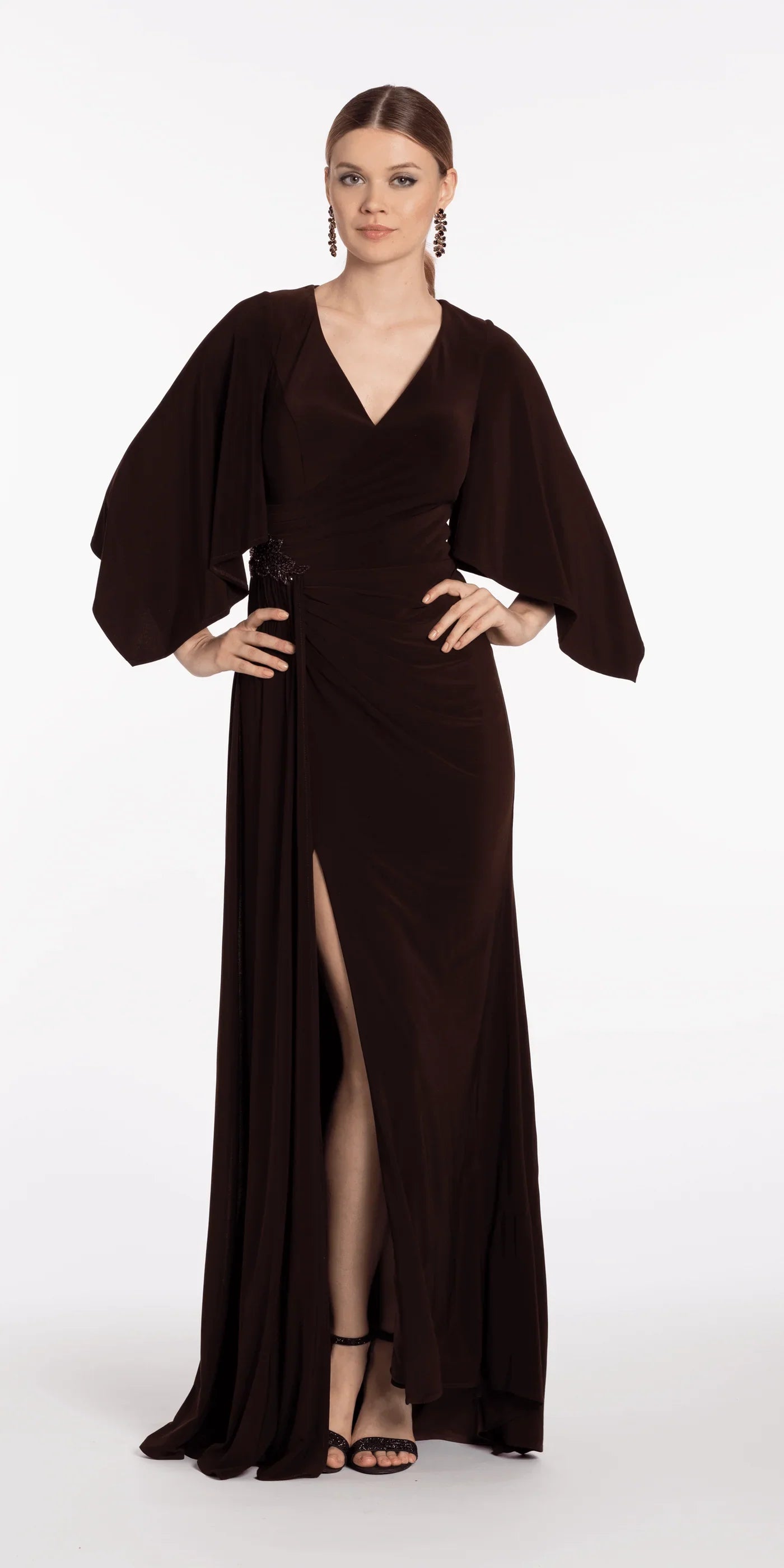 Sophisticated Mermaid V-Neck Cape Sleeve Ruched Beaded High Slit Floor-Length Evening Dresses by LANQI DRESS