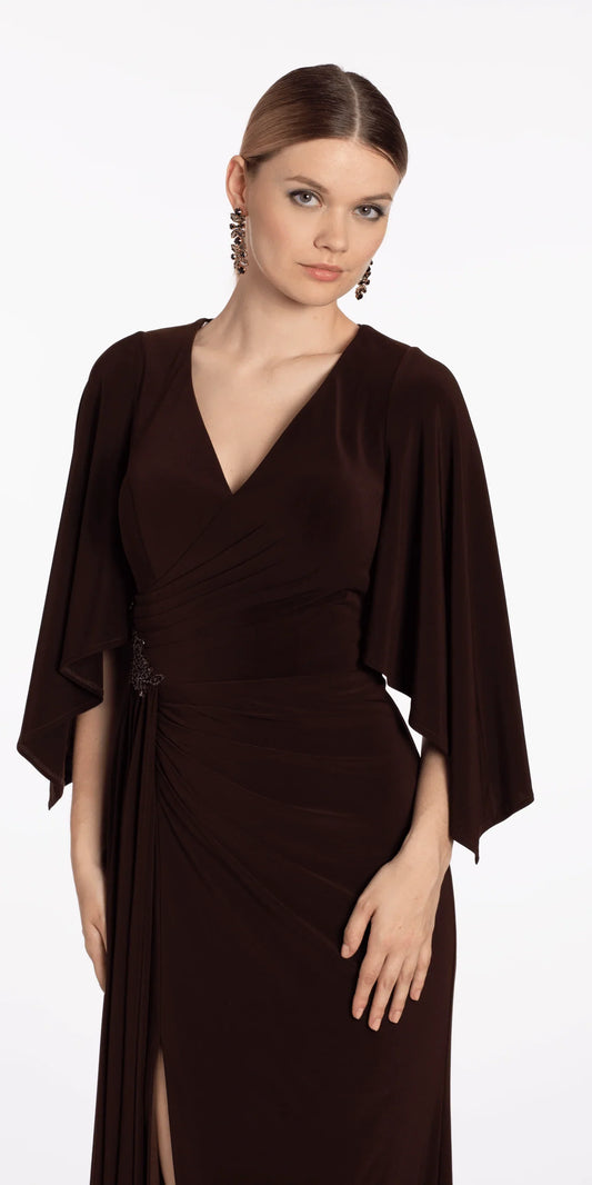 Sophisticated Mermaid V-Neck Cape Sleeve Ruched Beaded High Slit Floor-Length Evening Dresses by LANQI DRESS