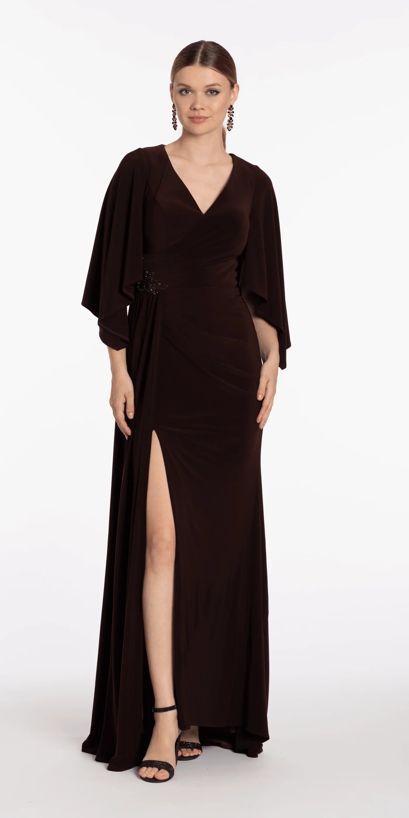 Sophisticated Mermaid V-Neck Cape Sleeve Ruched Beaded High Slit Floor-Length Evening Dresses by LANQI DRESS