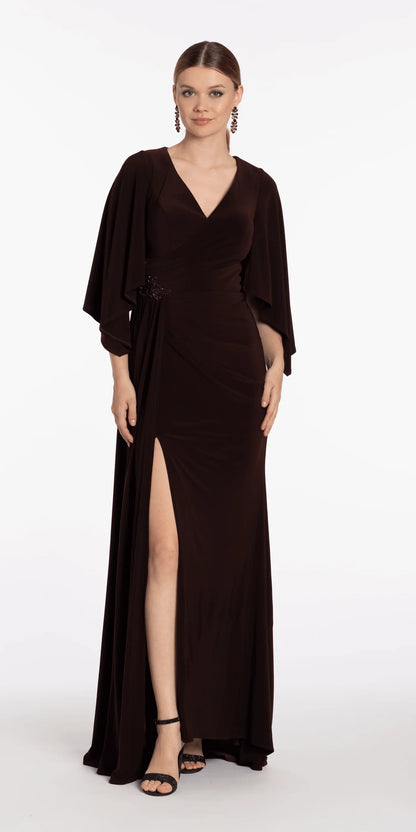 Sophisticated Mermaid V-Neck Cape Sleeve Ruched Beaded High Slit Floor-Length Evening Dresses by LANQI DRESS