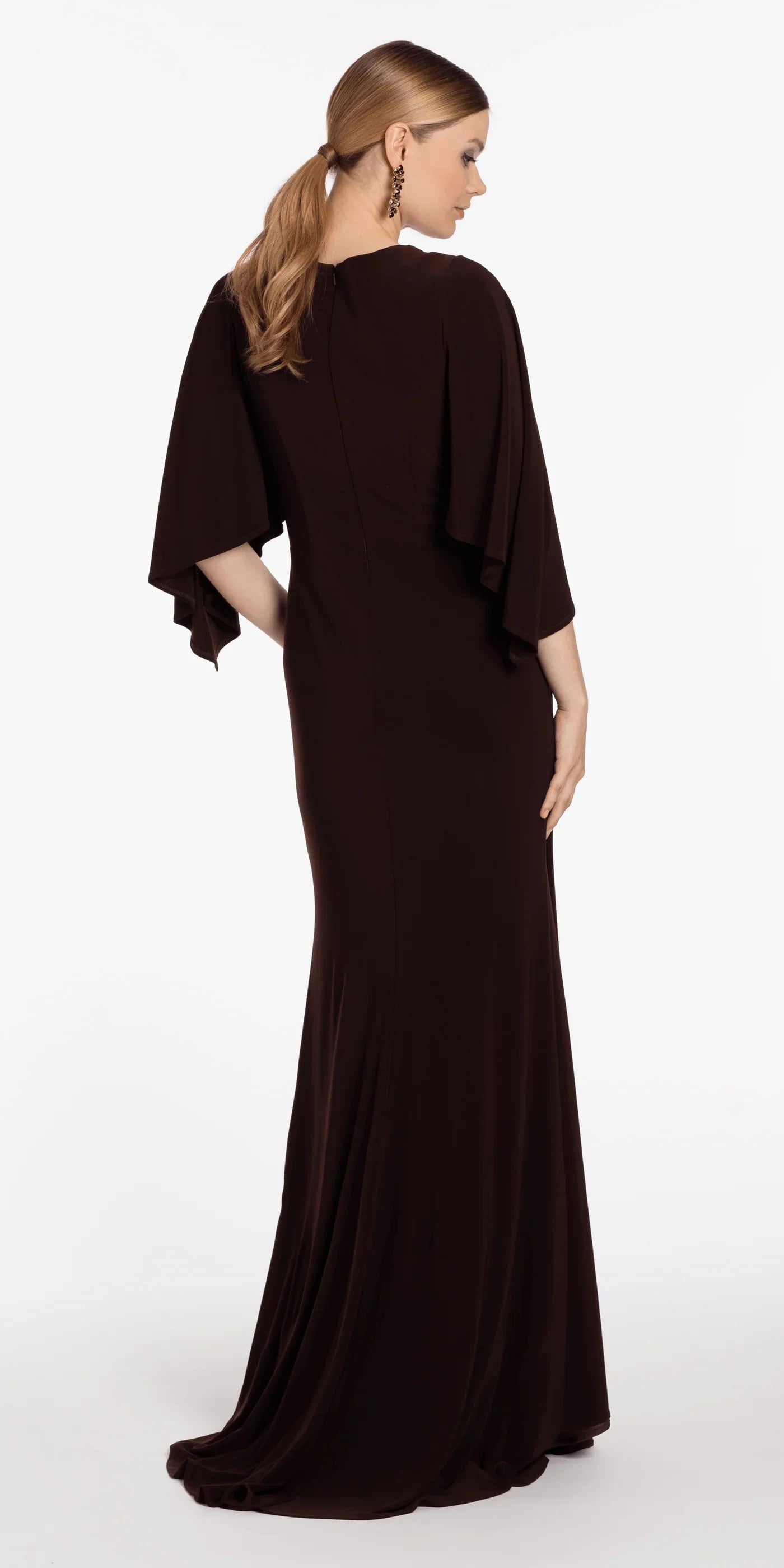 Sophisticated Mermaid V-Neck Cape Sleeve Ruched Beaded High Slit Floor-Length Evening Dresses by LANQI DRESS