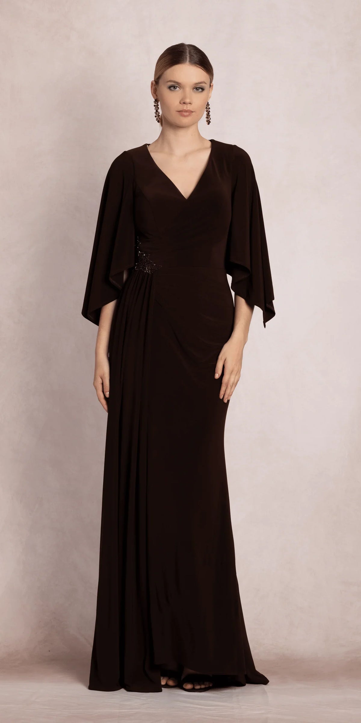 Sophisticated Mermaid V-Neck Cape Sleeve Ruched Beaded High Slit Floor-Length Evening Dresses by LANQI DRESS