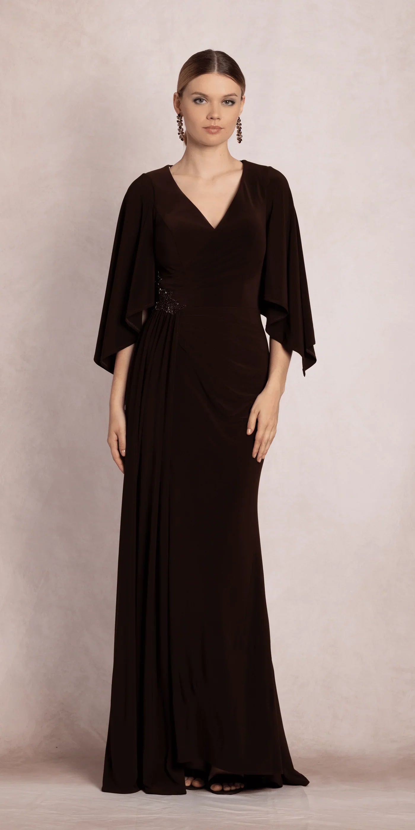 Sophisticated Mermaid V-Neck Cape Sleeve Ruched Beaded High Slit Floor-Length Evening Dresses by LANQI DRESS
