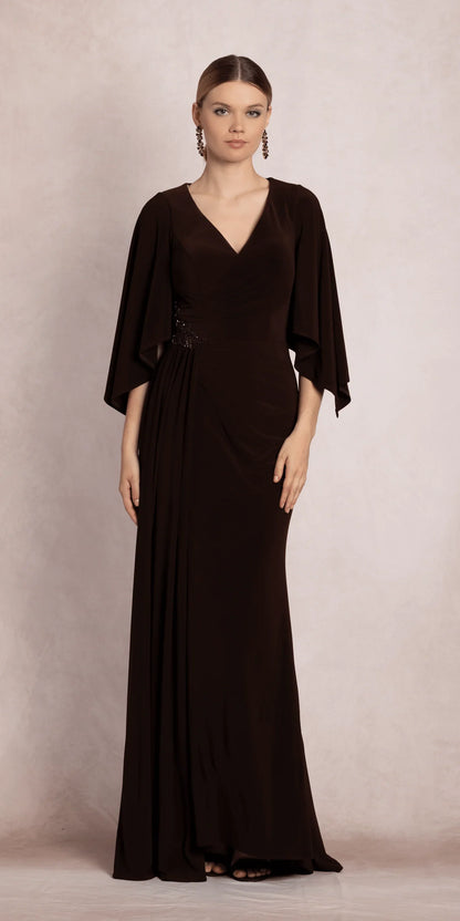 Sophisticated Mermaid V-Neck Cape Sleeve Ruched Beaded High Slit Floor-Length Evening Dresses by LANQI DRESS