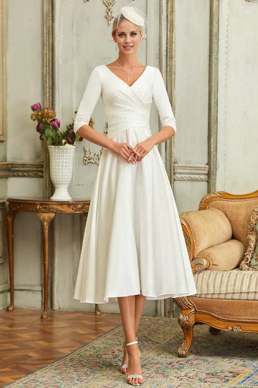 Satin Wrap Tea-Length Wedding Dress - Yihuiw by Yihuiw