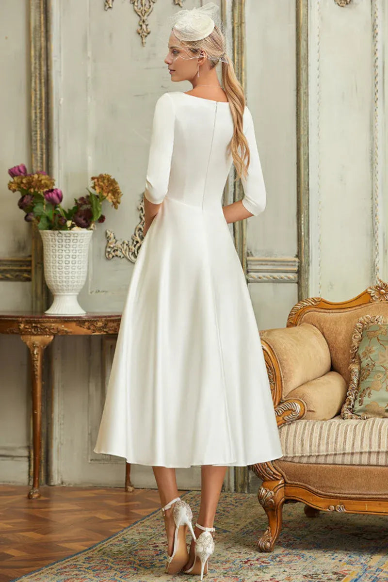 Satin Wrap Tea-Length Wedding Dress - Yihuiw by Yihuiw