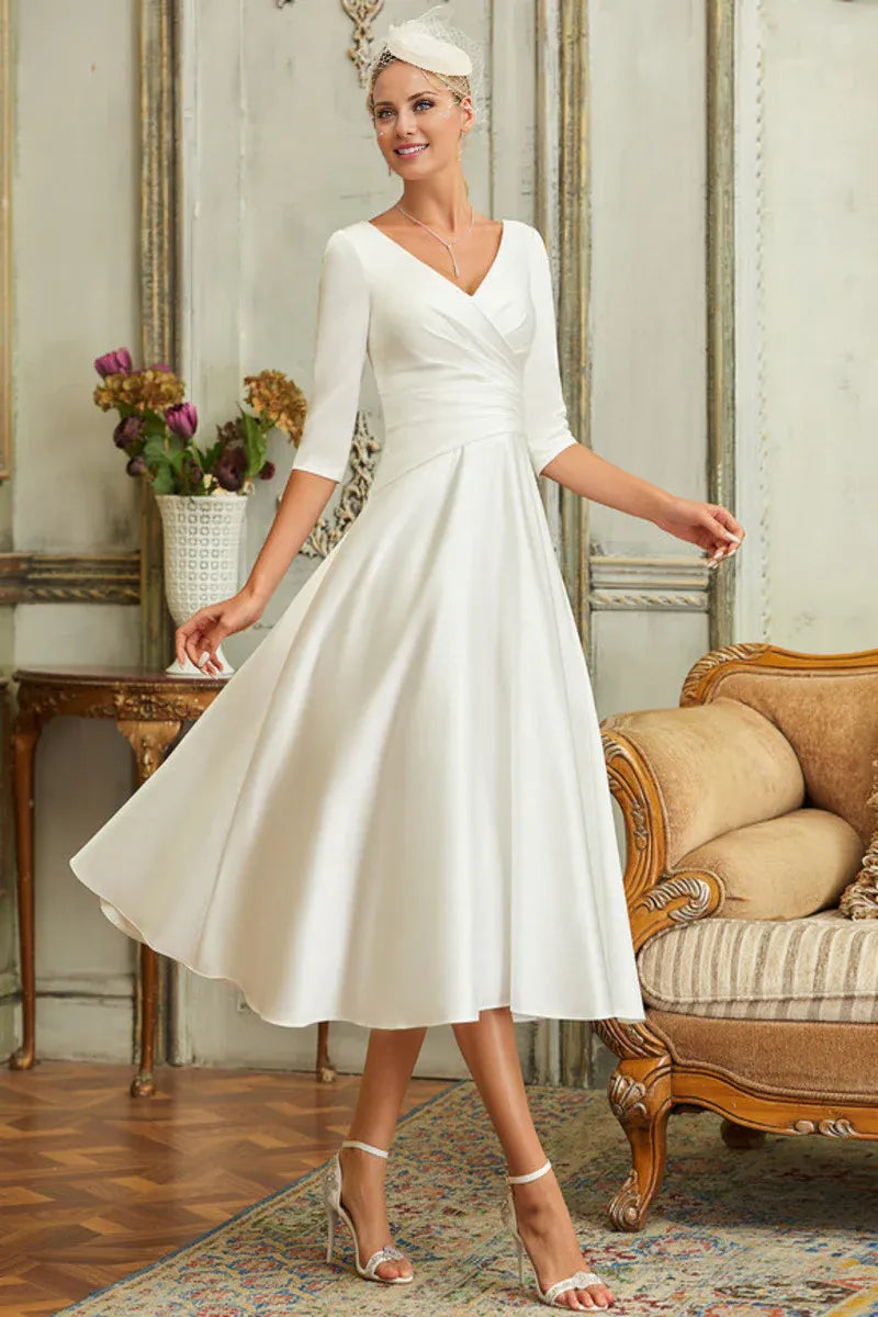 Satin Wrap Tea-Length Wedding Dress - Yihuiw by Yihuiw