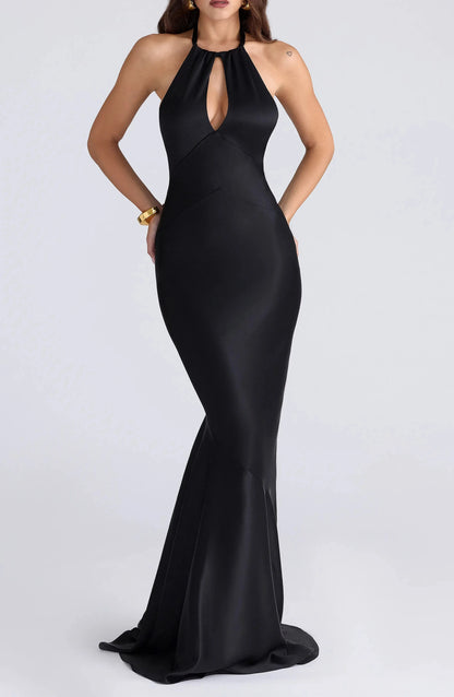 Tie Accented Trumpet Halter Neck Sleeveless Keyhole Back Train Length For Sale Evening Dress by YiHuiw