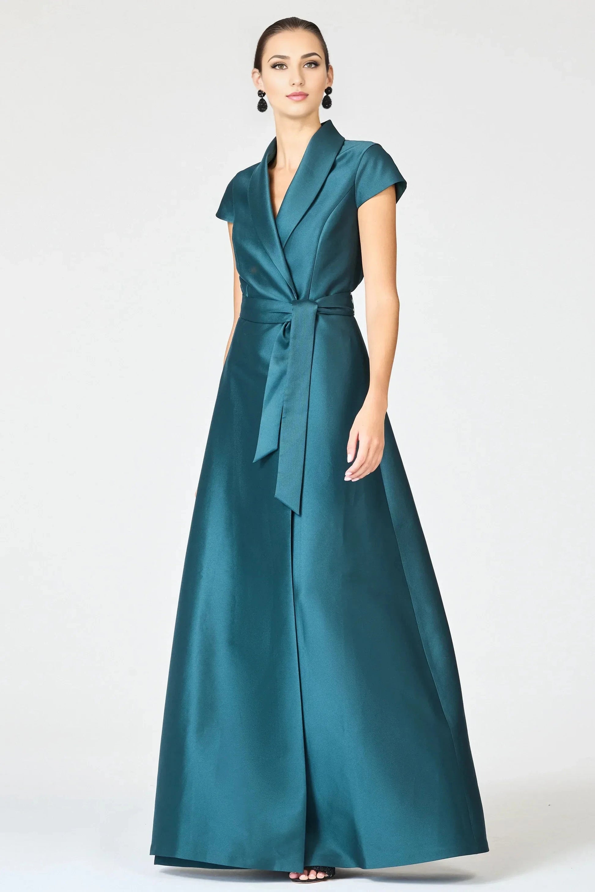 Tie Waist A Line Notch Neck Short Sleeve Zipper Back Floor Length For Sale Evening Dress by YiHuiw