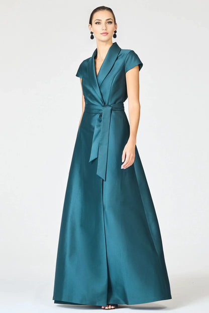 Tie Waist A Line Notch Neck Short Sleeve Zipper Back Floor Length For Sale Evening Dress by YiHuiw