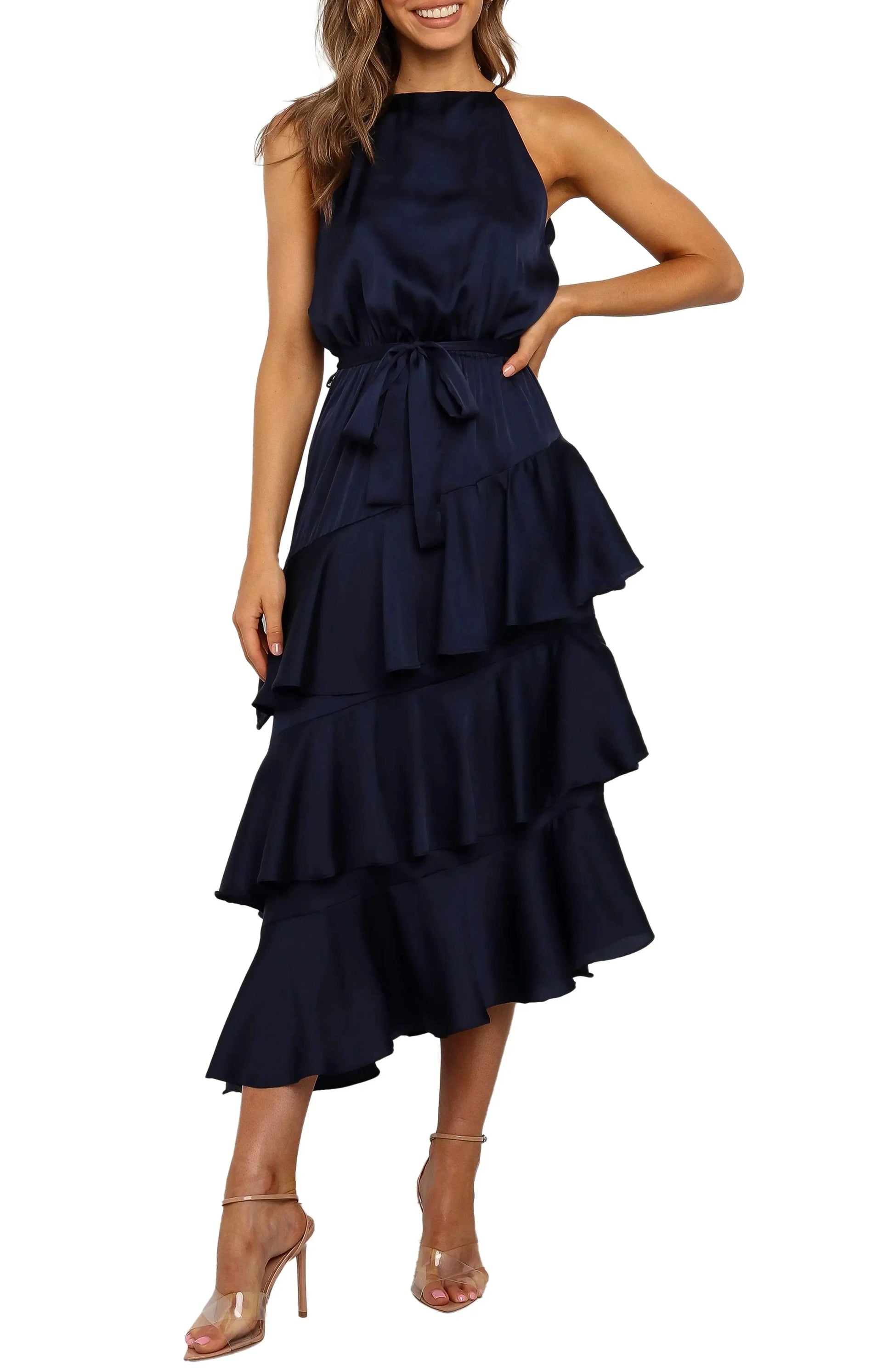 Tiered Flowy Halter Neck Sleeveless Open Back Asymmetrical Midi Length For Sale Evening Dress by YiHuiw