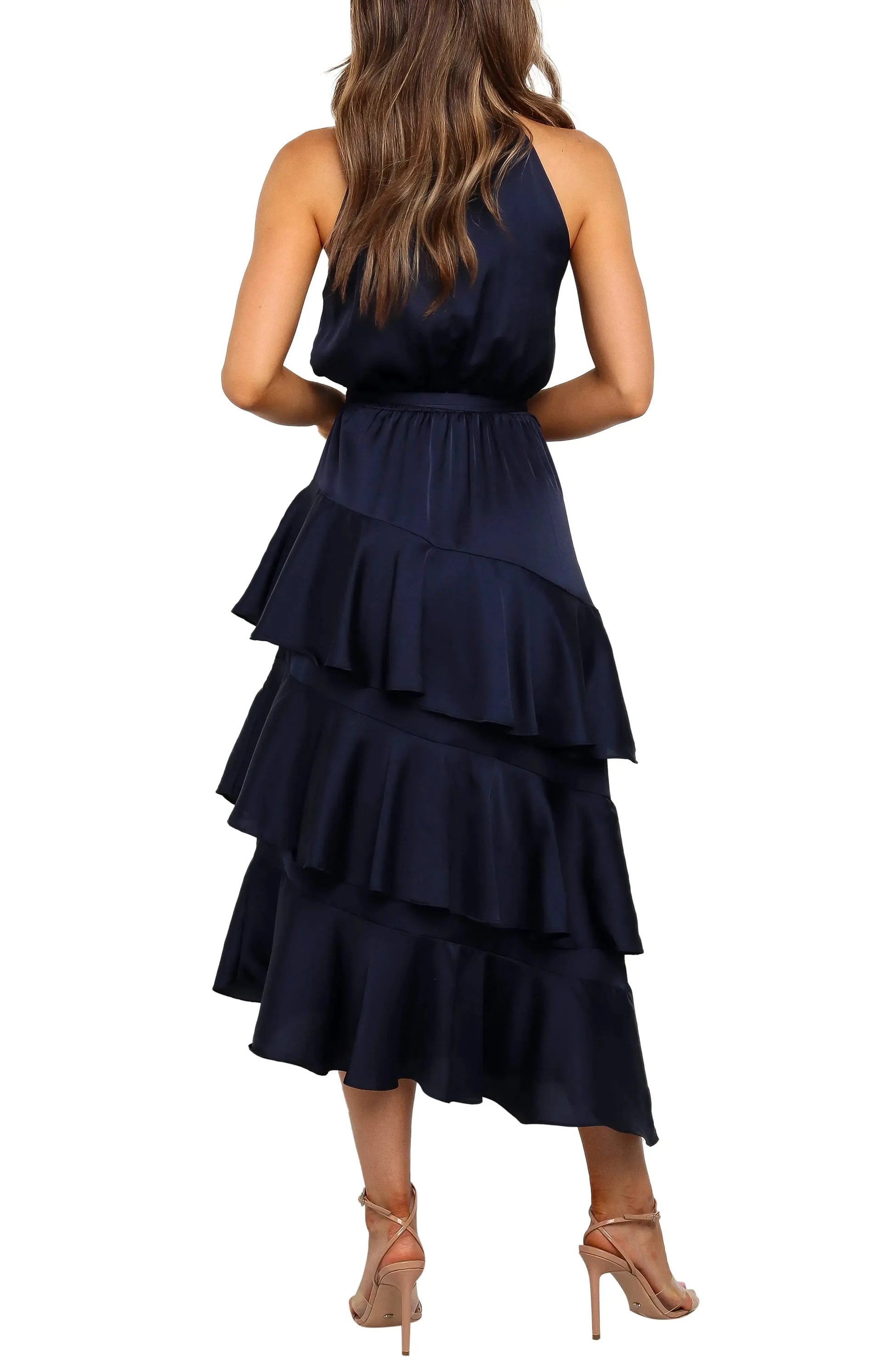 Tiered Flowy Halter Neck Sleeveless Open Back Asymmetrical Midi Length For Sale Evening Dress by YiHuiw