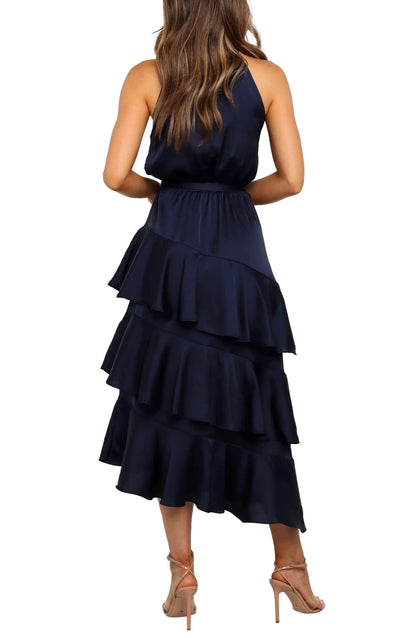 Tiered Flowy Halter Neck Sleeveless Open Back Asymmetrical Midi Length For Sale Evening Dress by YiHuiw