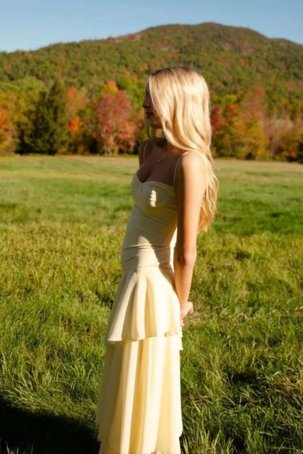 Tiered Ruffle Prom Dress with Corset Bodice, Spaghetti Straps and Asymmetrical Hem by JiMiss Dresses