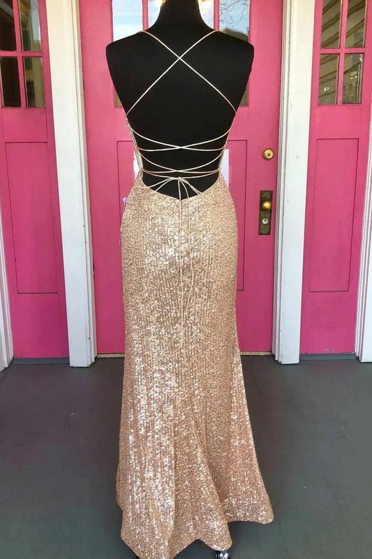 Tight Rose Gold Sequin Long Formal Dress Open Back simple gentle atmospheric and unique desi Bring summer colors to enhance whiteness by YiHuiw