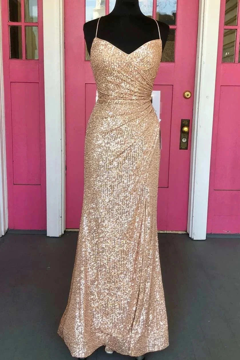 Tight Rose Gold Sequin Long Formal Dress Open Back simple gentle atmospheric and unique desi Bring summer colors to enhance whiteness by YiHuiw