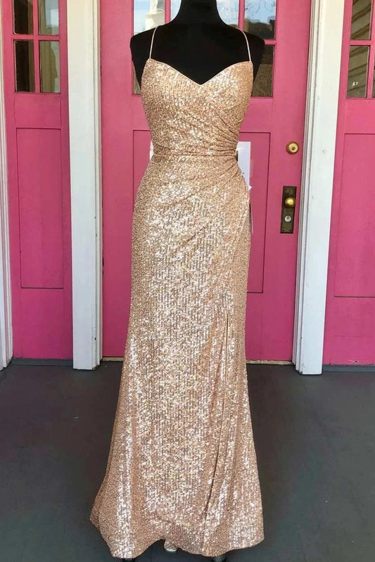 Tight Rose Gold Sequin Long Formal Dress Open Back simple gentle atmospheric and unique desi Bring summer colors to enhance whiteness by YiHuiw
