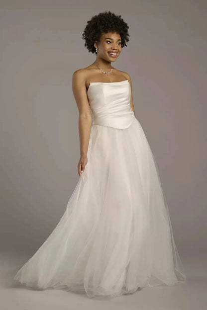 Timeless A-Line Strapless Satin Bodice Tulle Skirt Open-Back Train Wedding Dress by YiHuiw
