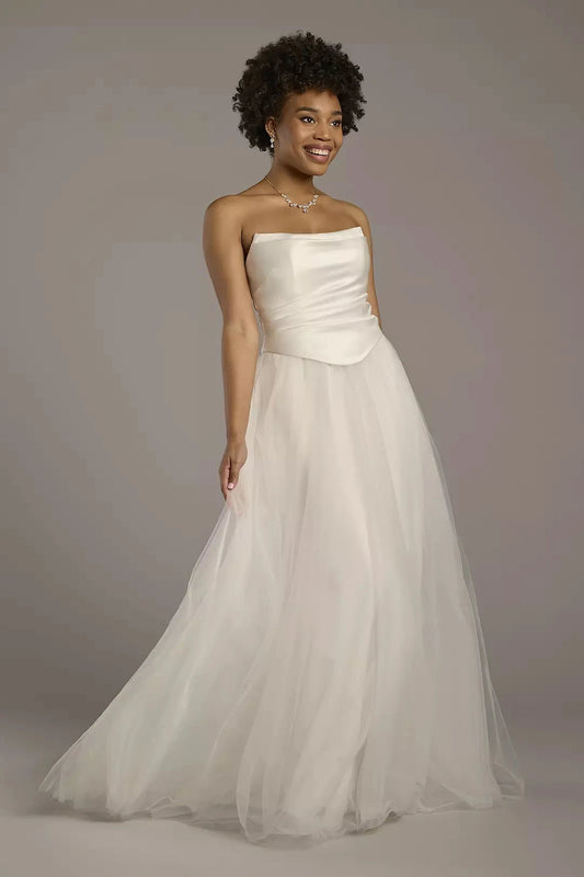 Timeless A-Line Strapless Satin Bodice Tulle Skirt Open-Back Train Wedding Dress by YiHuiw