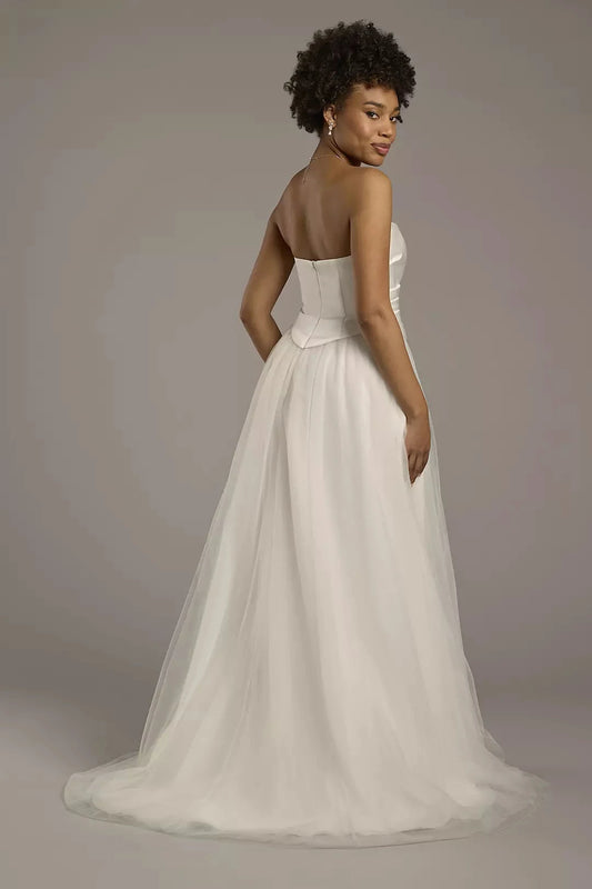 Timeless A-Line Strapless Satin Bodice Tulle Skirt Open-Back Train Wedding Dress by YiHuiw