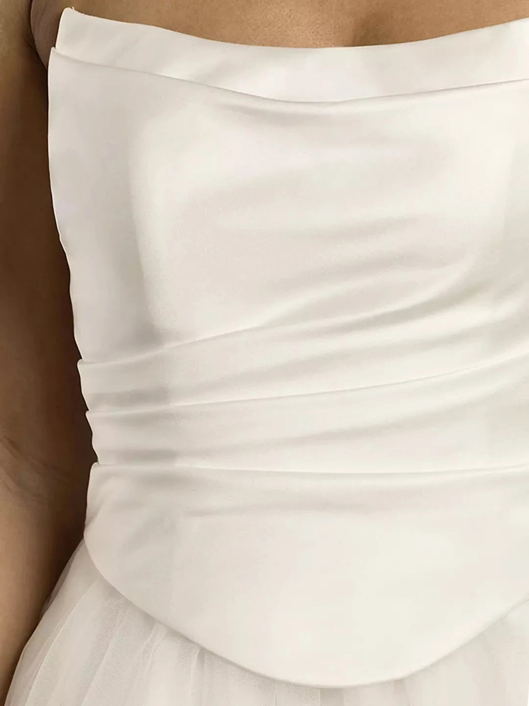 Timeless A-Line Strapless Satin Bodice Tulle Skirt Open-Back Train Wedding Dress by YiHuiw