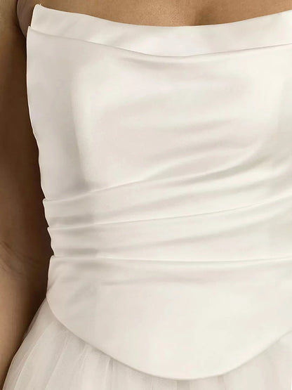 Timeless A-Line Strapless Satin Bodice Tulle Skirt Open-Back Train Wedding Dress by YiHuiw