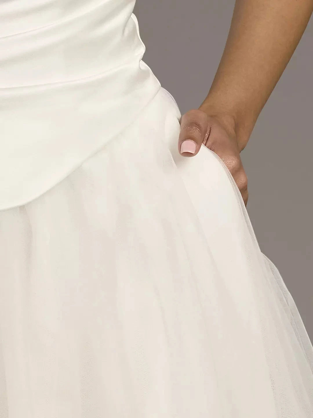 Timeless A-Line Strapless Satin Bodice Tulle Skirt Open-Back Train Wedding Dress by YiHuiw