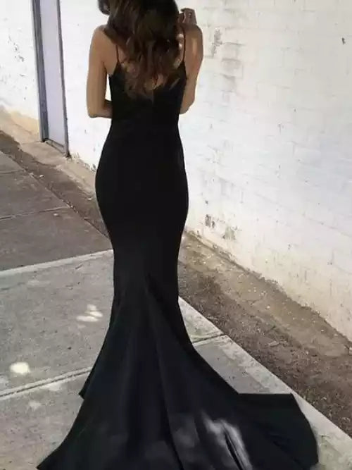 Sleek Black Satin Mermaid Dress with V-Neck & Spaghetti Straps