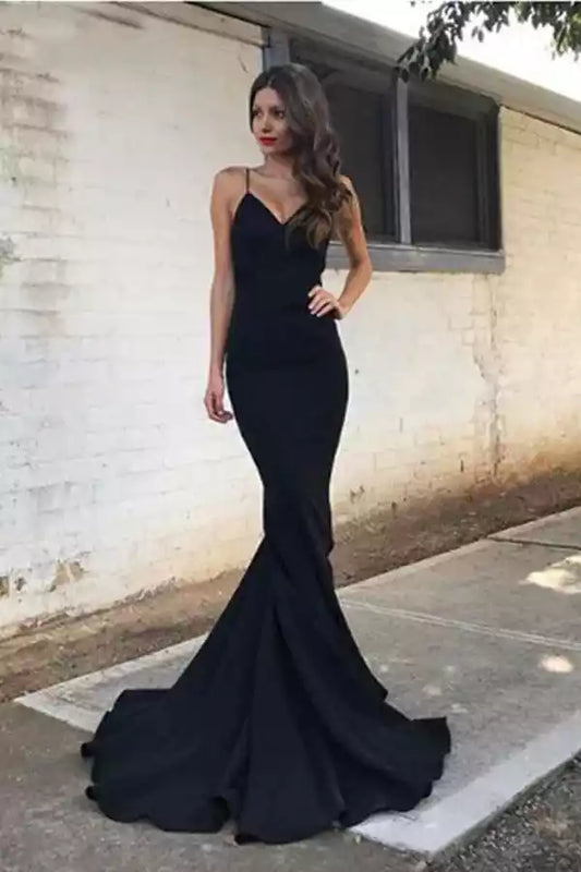 Sleek Black Satin Mermaid Dress with V-Neck & Spaghetti Straps