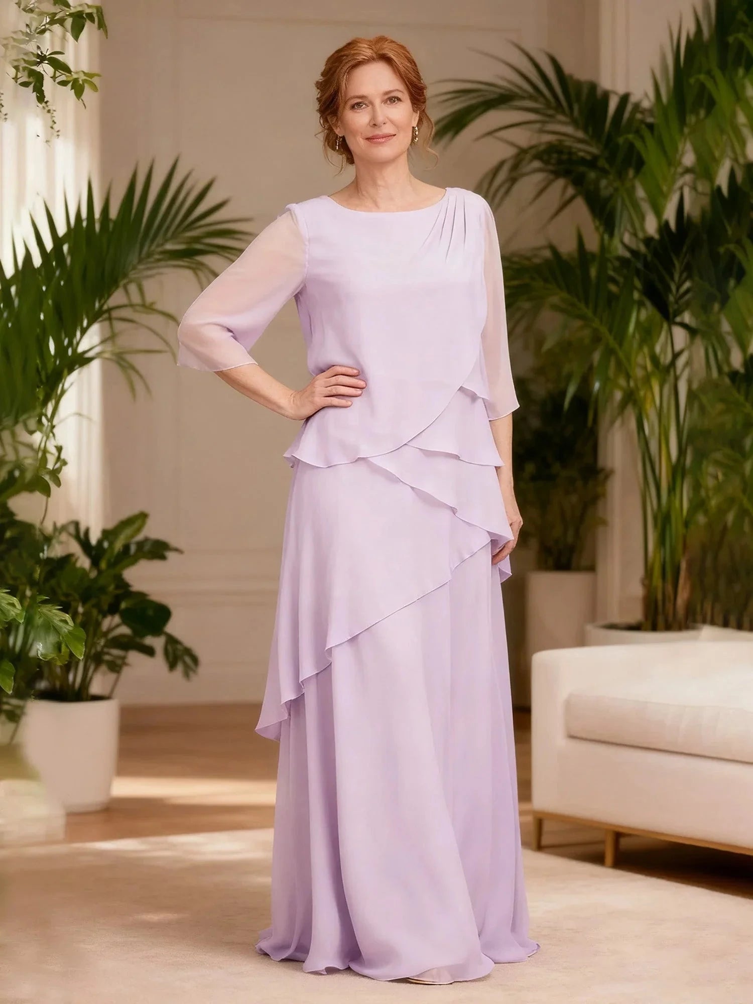 Timeless Chiffon A-Line Boat Neck 3/4 Sheer Sleeves Tiered Ruffle Zipper Back Floor-Length Maxi Formal Mother of the Bride Dresses by LANQI DRESS