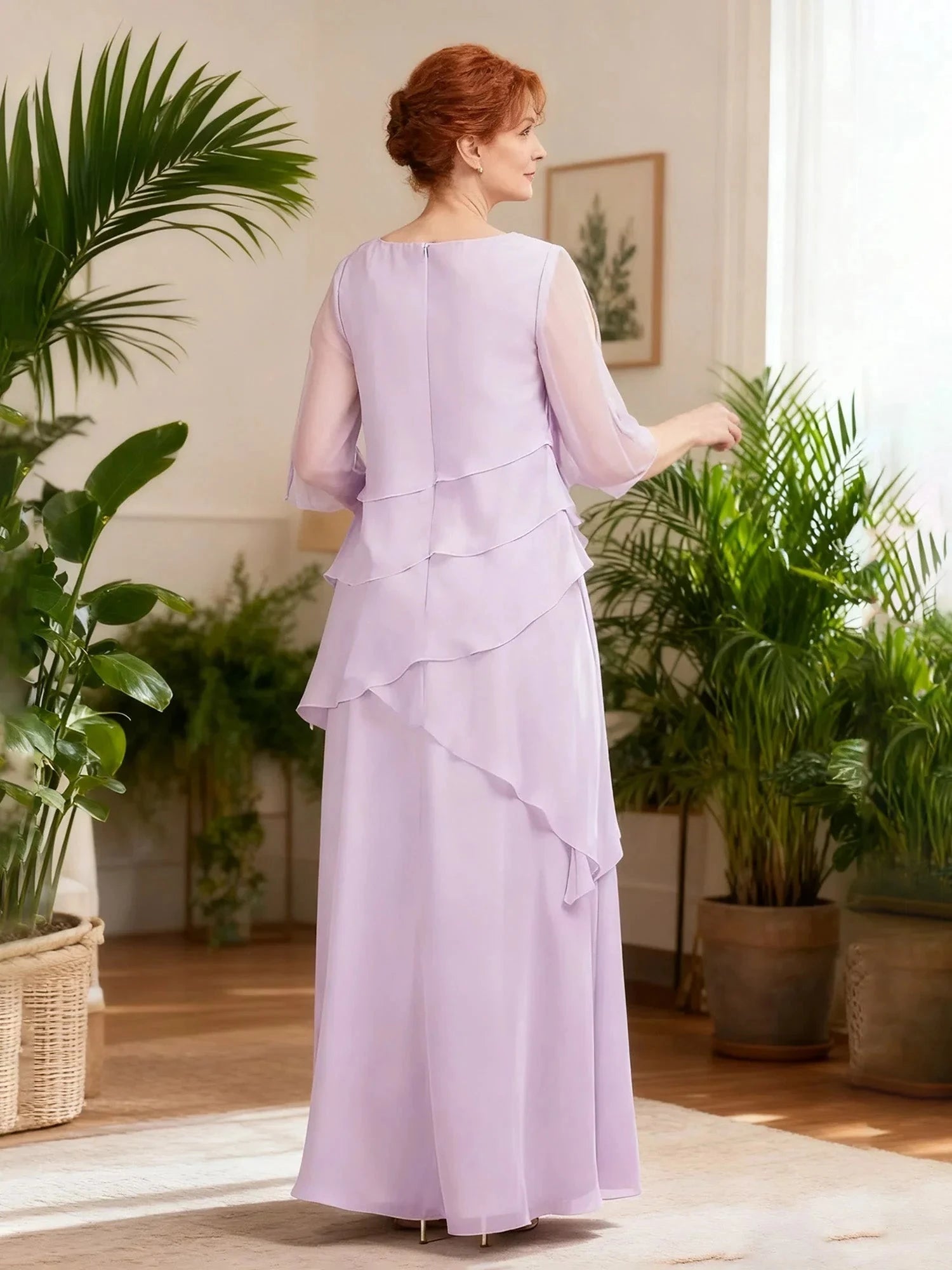 Timeless Chiffon A-Line Boat Neck 3/4 Sheer Sleeves Tiered Ruffle Zipper Back Floor-Length Maxi Formal Mother of the Bride Dresses by LANQI DRESS
