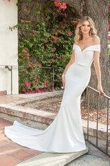 Timeless Crepe Mermaid Off-the-Shoulder Sweetheart Low-Back Button-Detail Train Wedding Dress
