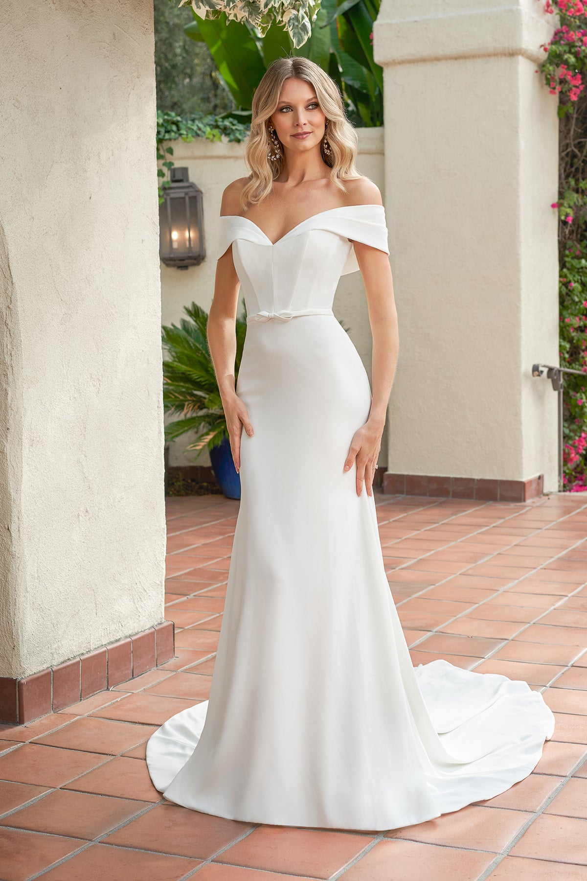 Timeless Crepe Mermaid Off-the-Shoulder Sweetheart Low-Back Button-Detail Train Wedding Dress