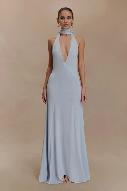 Timeless Halter-Neck Sleeveless Plunging V-Back Ruched Floor-Length Evening Dress by YiHuiw
