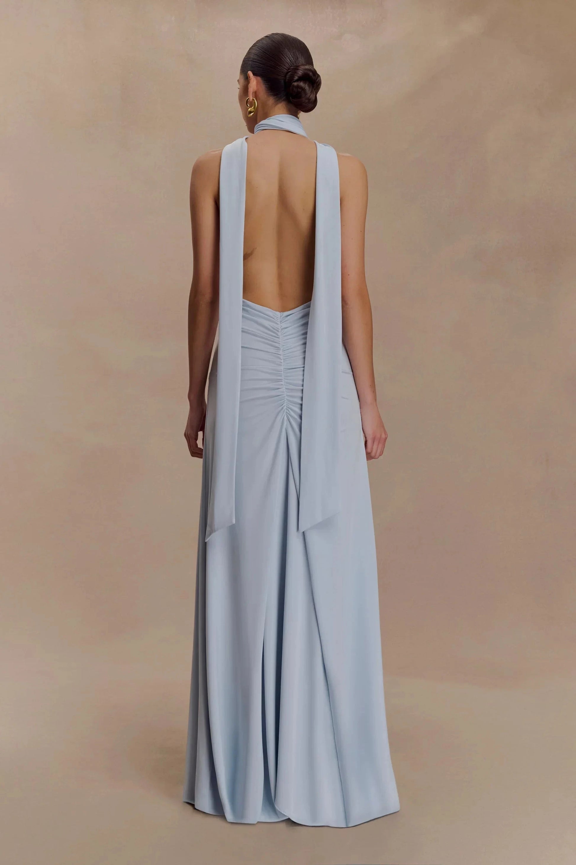 Timeless Halter-Neck Sleeveless Plunging V-Back Ruched Floor-Length Evening Dress by YiHuiw