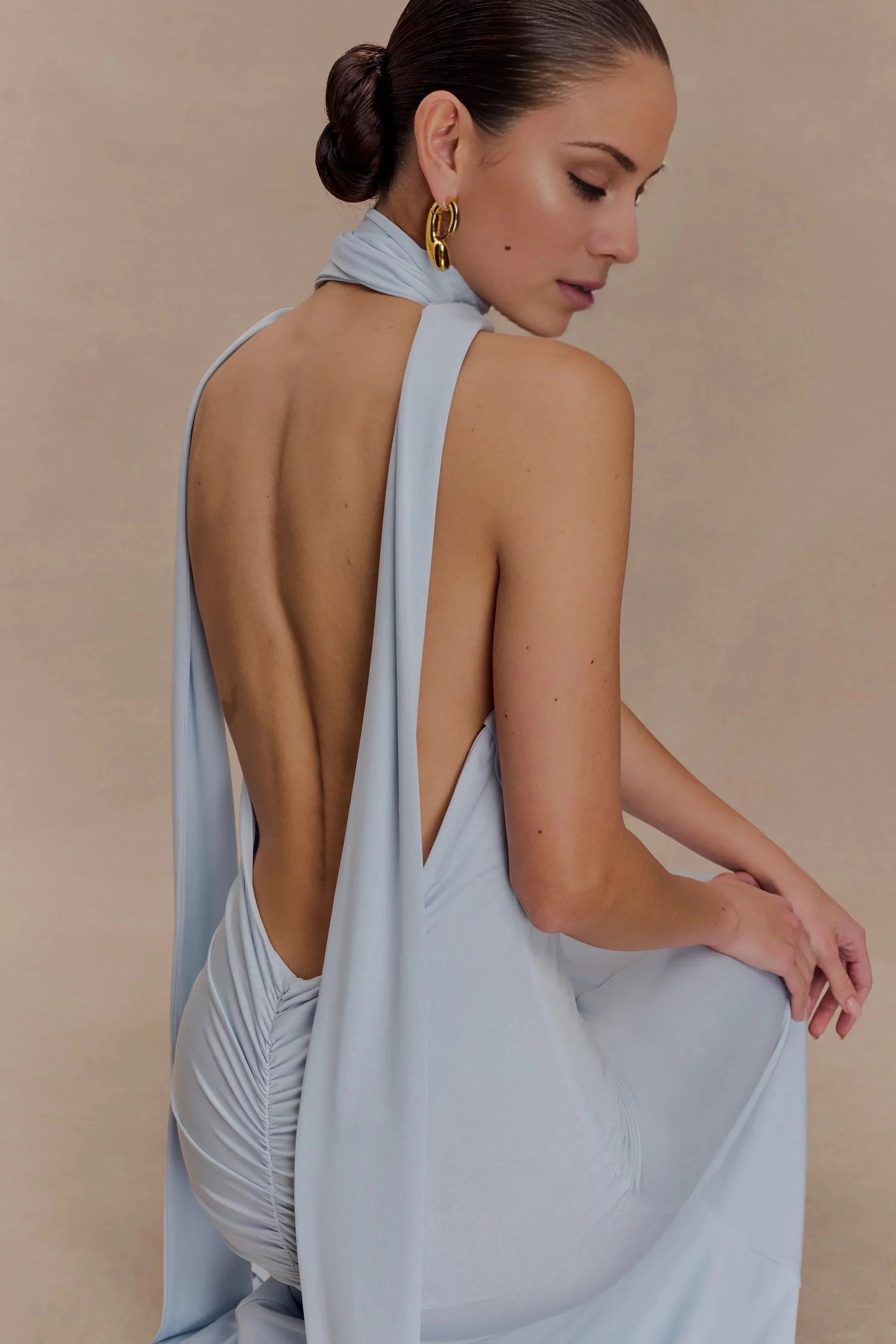 Timeless Halter-Neck Sleeveless Plunging V-Back Ruched Floor-Length Evening Dress by YiHuiw