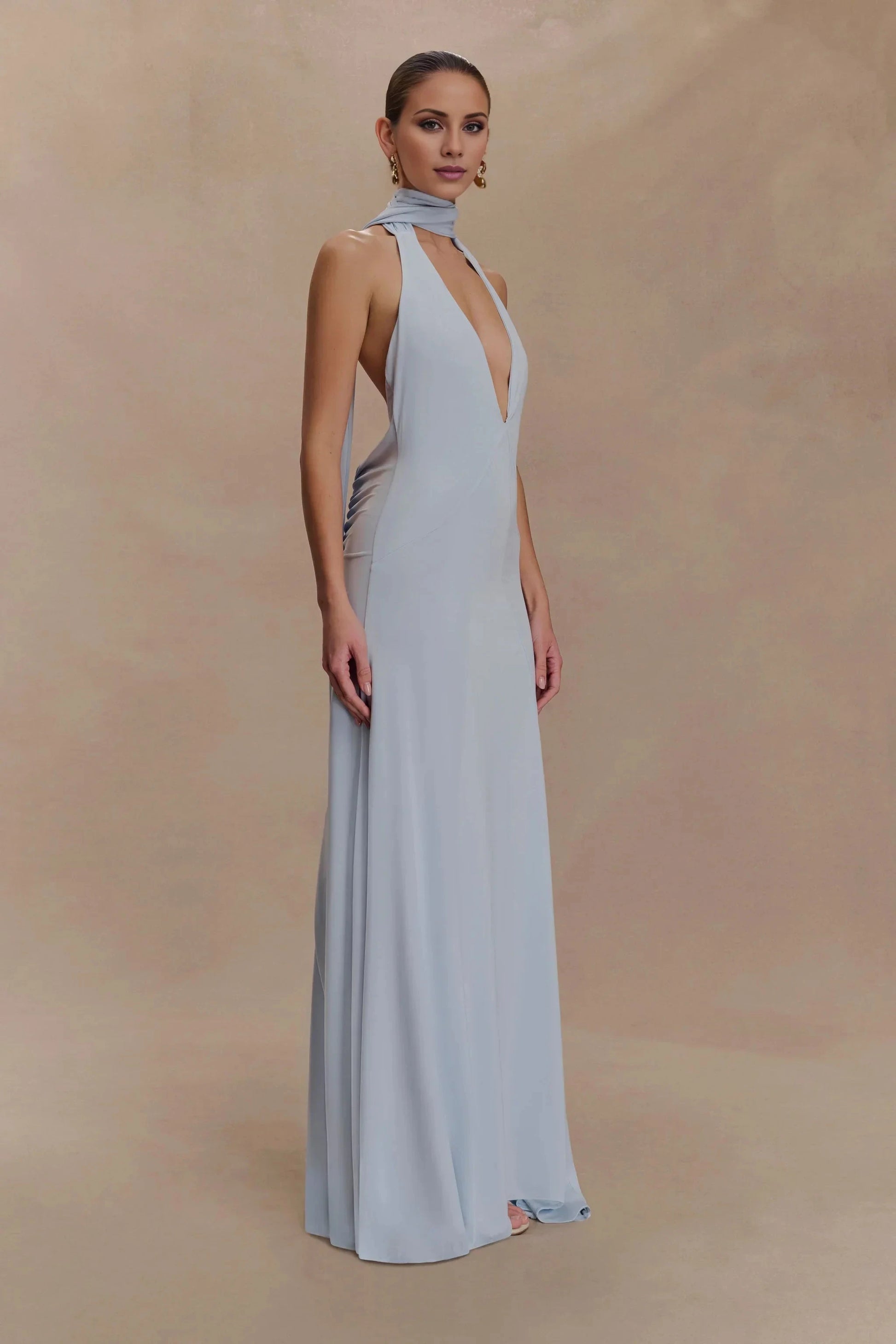 Timeless Halter-Neck Sleeveless Plunging V-Back Ruched Floor-Length Evening Dress by YiHuiw
