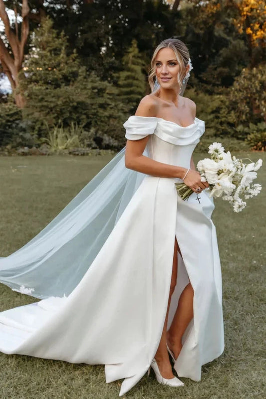 Timeless Satin A-Line Off-the-Shoulder Cowl-Neck High-Slit Cathedral-Train Wedding Dress by YiHuiw