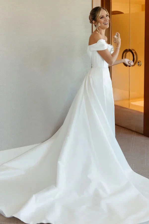 Timeless Satin A-Line Off-the-Shoulder Cowl-Neck High-Slit Cathedral-Train Wedding Dress by YiHuiw